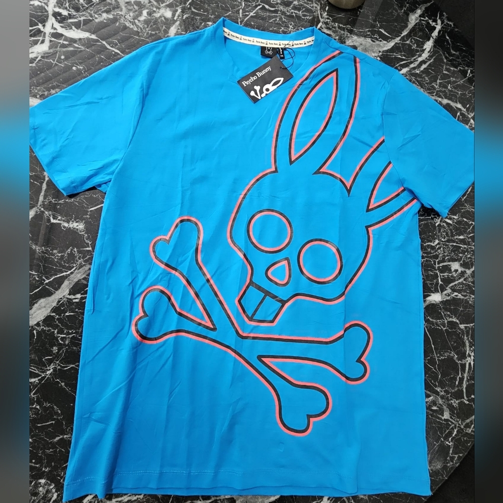 Psycho Bunny Blue Tee with Red-Outlined Bunny Skull Graphic
